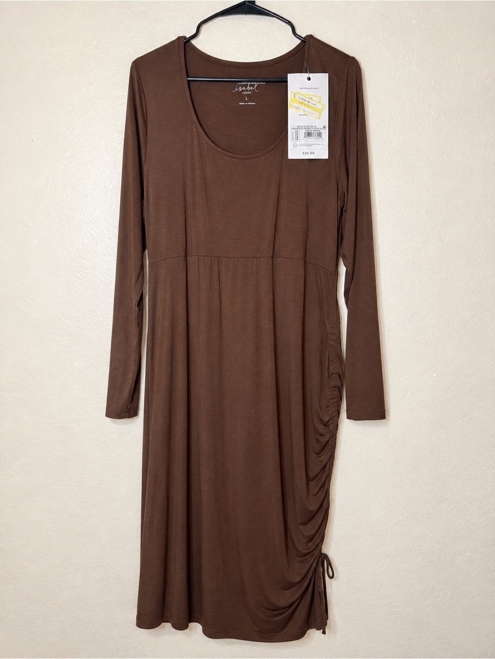 Maternity Brown Long Sleeve Ruched-Side Dress